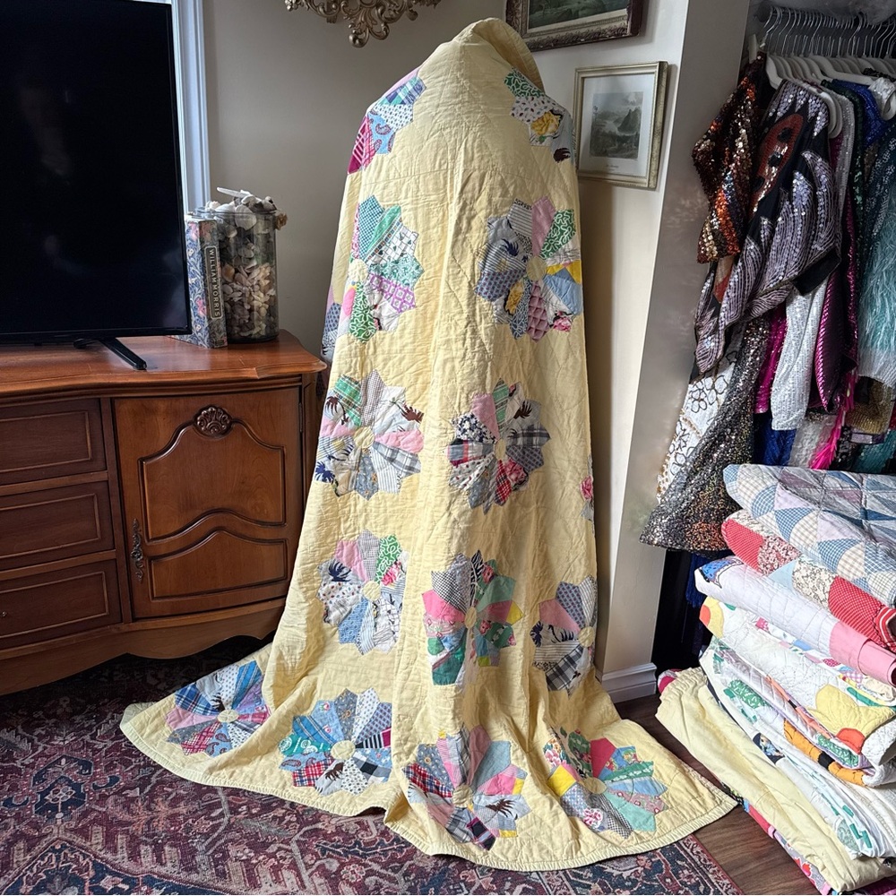 Antique Patchwork Feedsack Quilt with Yellow Base